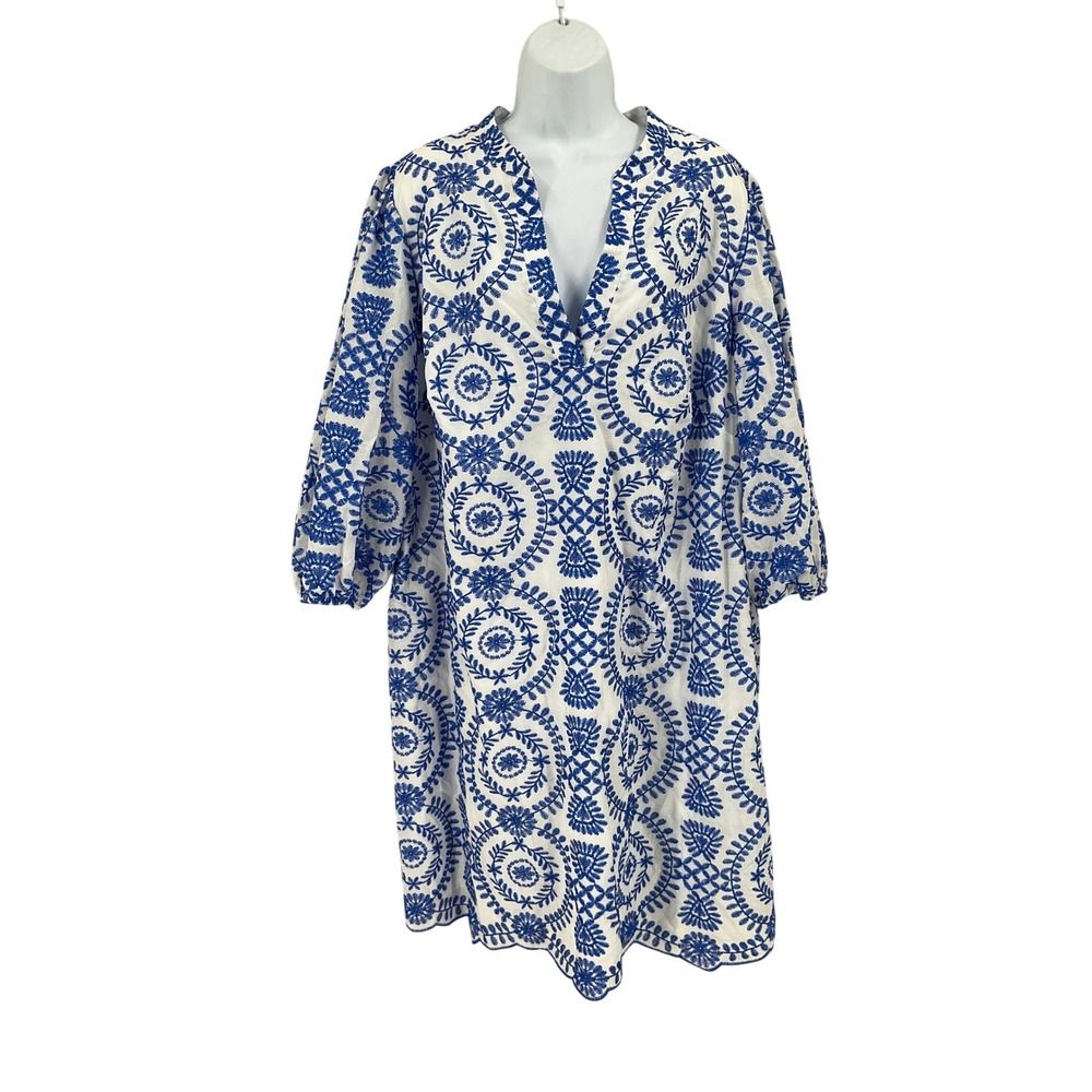 Jessica Howard Dress Womens 18W White Blue Embroidered Medallion Boho Classic